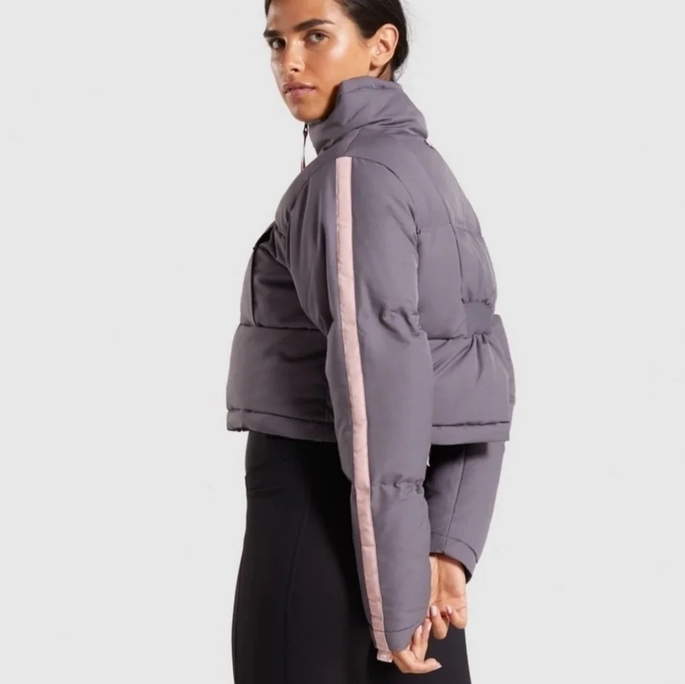 Gymshark Grey Oversized Cropped High Neck Full Zip Canvas Puffer Jacket